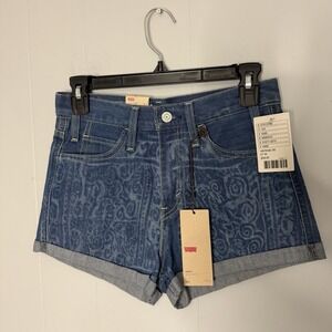 Levis Jeans Shorts Blue Denim Imprinted Design High Rise Orange Tab Cuffed Sz 27